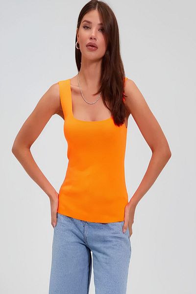 Baluxe Orange Square Collar Thick Strap Women's Knitwear Blouse