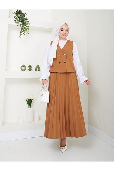 VOLT CLOTHİNG 2 Piece Women's Hijab Set with Pleated Skirt and Vest
