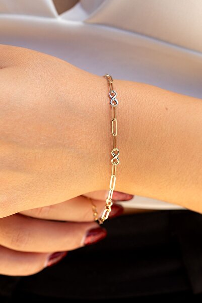 Cenova Jewelry 14 Ayar Altın Ataç Zincirli Sonsuzluk Bilekliği