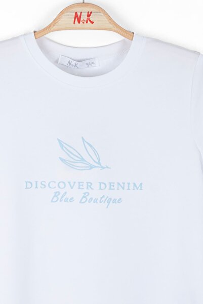 nk kids Μπλε κοριτσίστικο ανάγλυφο εμπριμέ λευκό μπλουζάκι