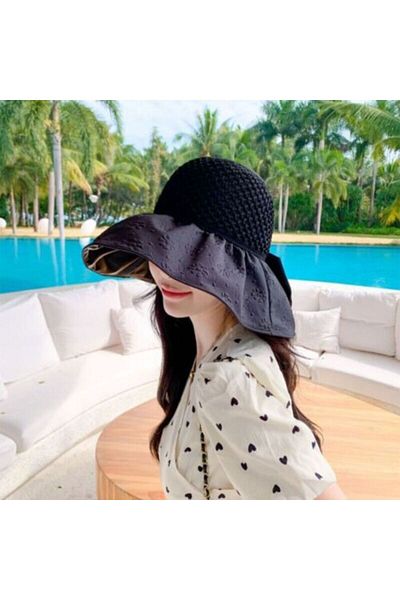 Shopiolog Wide Brim Knitted Visor - Foldable Bow Beach Hat