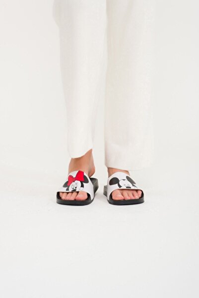ALTUNTAŞ Kadın - Kız Mickey &Minnie  Figürü Anatomik Kalın Taban Yeni Sezon Terlik Modeli - Beyaz