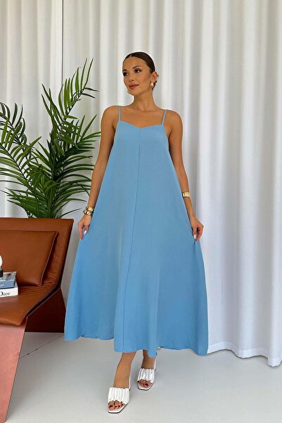 3MMM TEKSTİL Rochie lungă albastră cu decolteu în V - Bretele subțiri