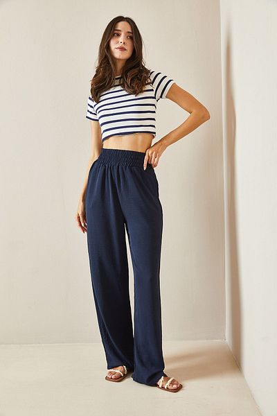 XHAN Navy Blue Wide Leg Trousers with High Waist and Thick Belt - 5YXK5-48675-14