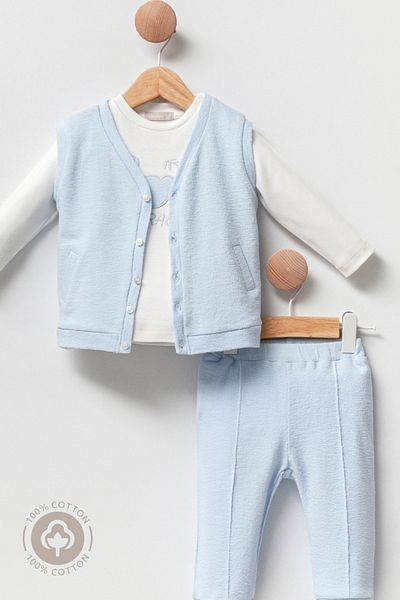 Cassiope Mini Prince 3-piece Set Sweat, Vest, Trousers 100% Cotton 6 months-9 months-12 months Baby Boy-12 Months - Blue