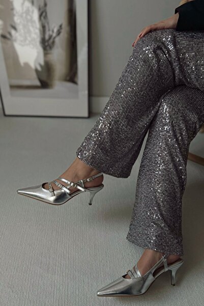 POLKA STORE Obsession Triple Pointed Toe Three-Stripe Buckle Silver Gray Heeled Women's Shoes