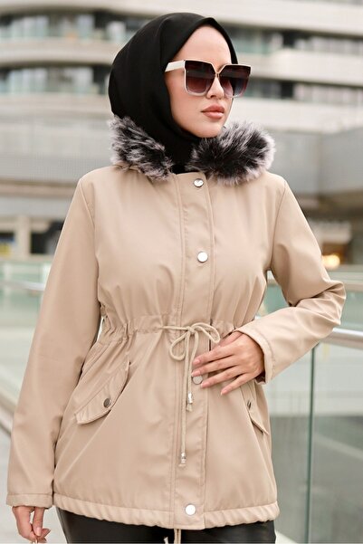 Bestenur Berfin Stone Colored Sheepskin Double Pocket Hijab Coat 364