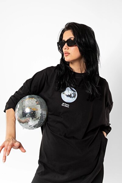 Bak Moda Tricou oversize unisex negru cu imprimeu All Panic No Disco