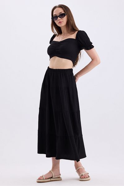 MD trend Heart Collar Crop Top and Elastic Waist Women's Skirt - Princess Sleeve Set