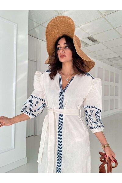 HARMONY GLOBAL Ethnic Embroidered White V-Neck Dress - Crinkle, Belt and Lining Detail 5948