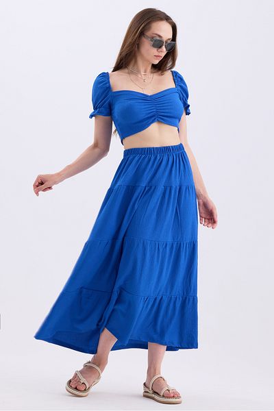 MD trend Heart Collar Crop Top and Elastic Waist Women's Skirt - Princess Sleeve Set