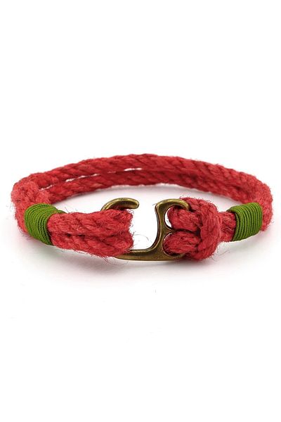 Solfera Men's Bracelet - Red Rope, Green Braid, Bronze Metal Hook, M055B