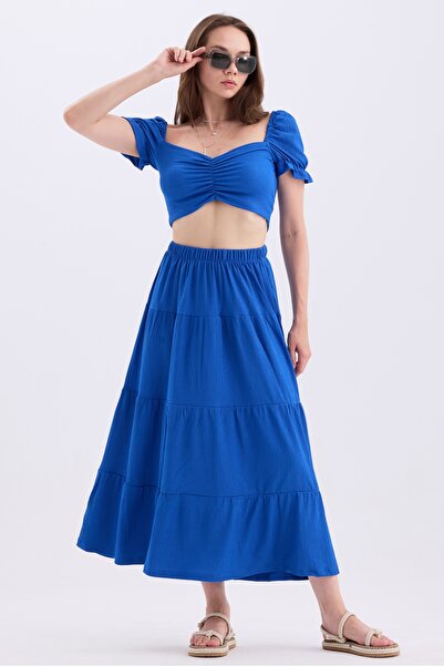 MD trend Heart Collar Crop Top and Elastic Waist Women's Skirt - Princess Sleeve Set