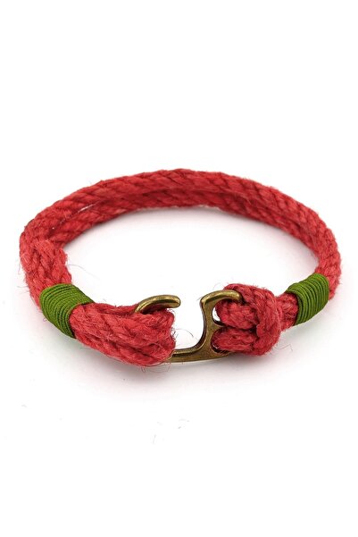 Solfera Men's Bracelet - Red Rope, Green Braid, Bronze Metal Hook, M055B