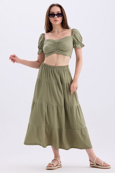 MD trend Heart Collar Crop Top and Elastic Waist Women's Skirt - Princess Sleeve Set