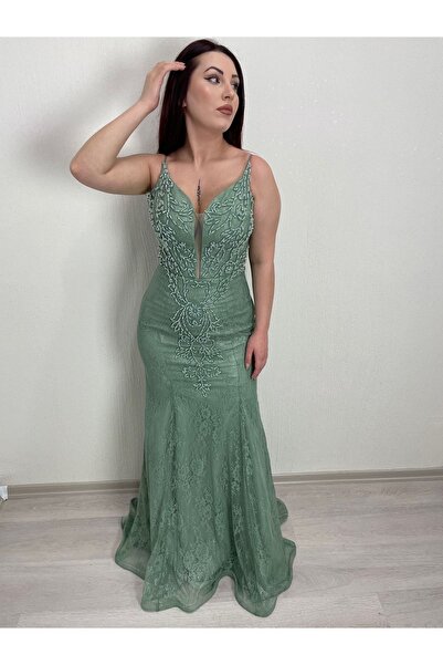 Simge Moda Yeşil Güpür Taş Işlemeli Askılı Balık Abiye Elbise