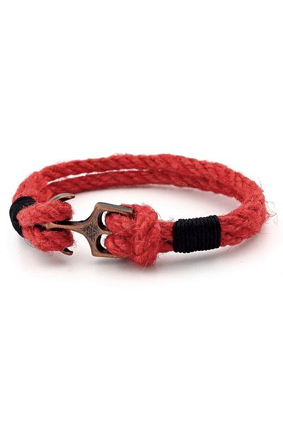Solfera Men's Bracelet - Red Rope, Black Braid, Copper Colored Metal Anchor, Sailor M056D