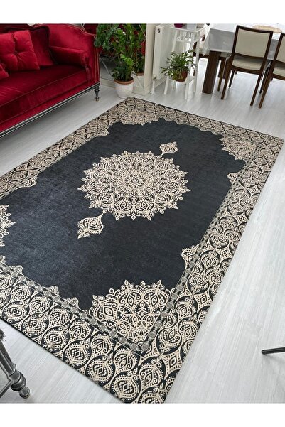 MEKA TEKSTİL Lacivert Gold Padişah Model Ipek Kadife Lastikli Halı Örtüsü