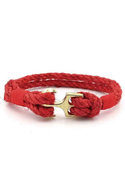 Solfera Men's Bracelet M056B - Red Rope Braid, Yellow Colored Metal Anchor Sailor
