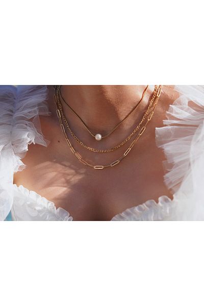 AŞIK ACCESSORIES 3-Piece Steel Chain Set with Pearls - Figaro and Paperclip Chains