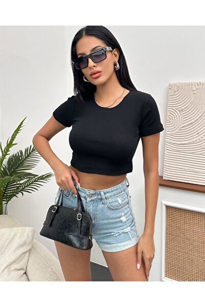 Chicup Bluză tricotată neagră pentru femei, cu decolteu tip crewneck - cu dec...