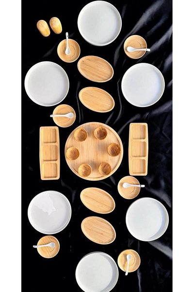 Bambum Atbyhome 6 Person 33 Piece Bamboo - Ceramic Breakfast Set - Luxury Breakfast Presentation Set