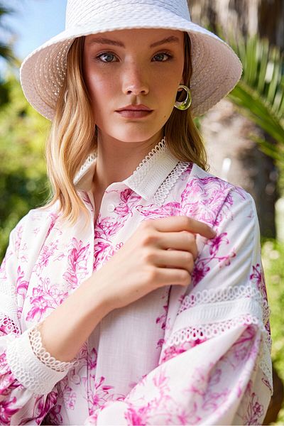 NUR KALAY COLLECTION Patterned Scalloped Linen Tunic