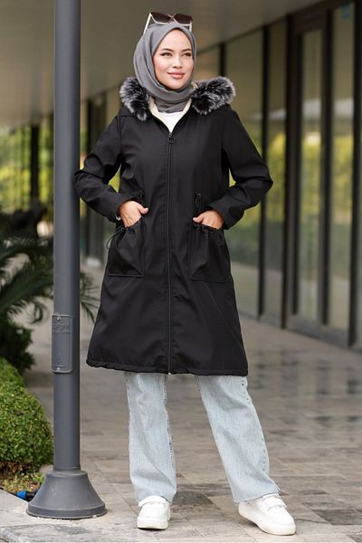 Bestenur Mandes Tunnel Belted Coat 592 - Μαύρο