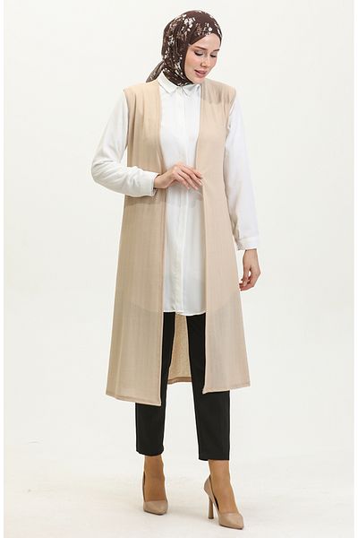 sefamerve Beige Plain Flowing Long Vest - 8726-02