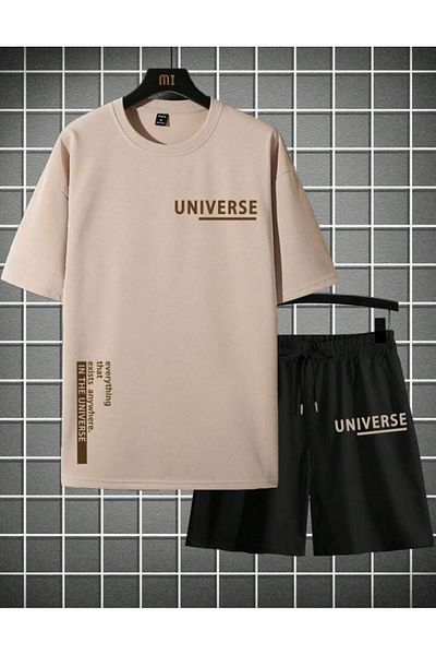 SANTAMİNA Beige Universe Printed Top and Bottom Shorts T-shirt Set