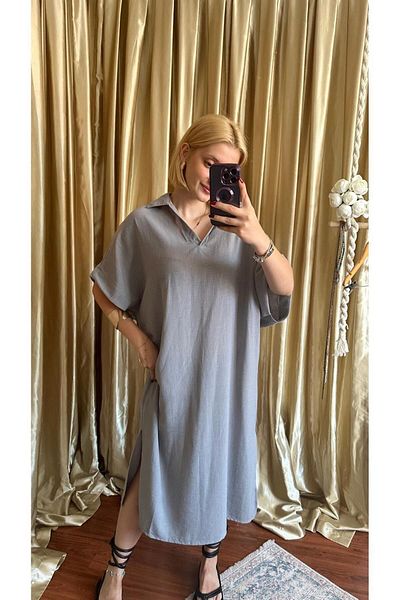 FİOXCO Gray Polo Collar Side Slit Bohemian Raw Linen Women's Dress