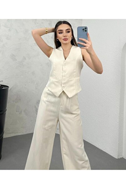 HARMONY GLOBAL Linen Fabric High Waist Cream Palazzo Trousers and Elastic Ves...