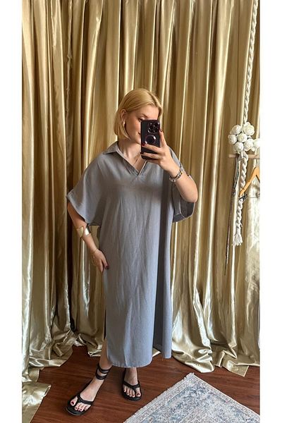 FİOXCO Gray Polo Collar Side Slit Bohemian Raw Linen Women's Dress