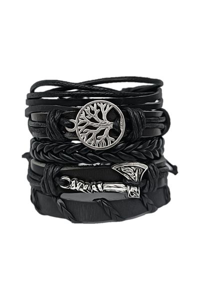 BSN 5-Piece Viking Thor Axe Tree of Life Symbol Genuine Leather with Wrist