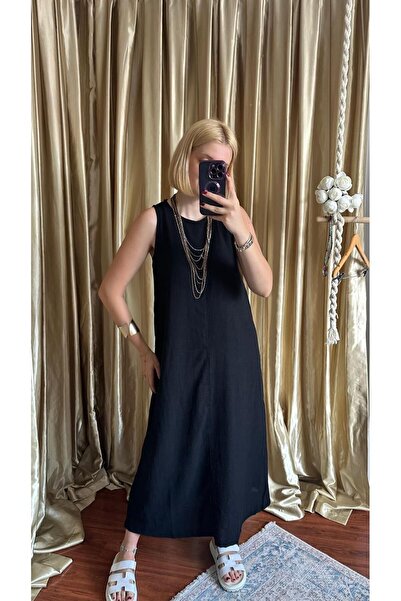 FİOXCO Rochie boemă maxi neagră Viria - in bumbac, nasturi la spate, lejer