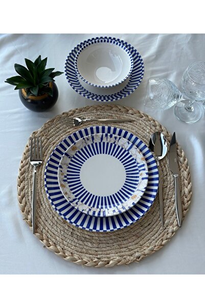 Demirel Home Blue Premium Porselen 24 Parça 6 kişilik Günlük Vintage Çiçek Desenli Yemek Takımı