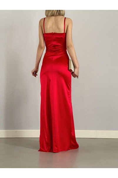 rengamoda Kadın Askılı Yırmaçlı Saten Kumaş Abiye Elbise (Renkli)