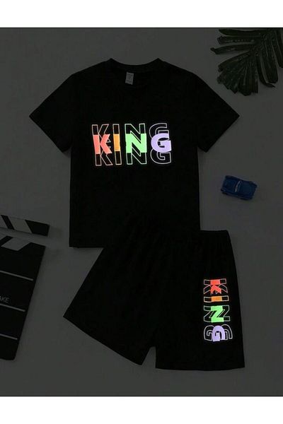 aynewmoda Комплект детски шорти и тениска с принт King