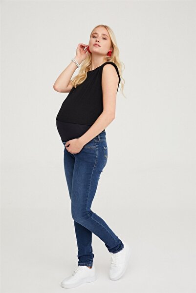 VAVIEN Hamile Jean Likralı Denim Pantolon Slim Fit Koyu Mavi 1014