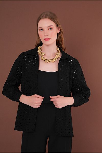Yake Set cămașă neagră brodata cu pantaloni de corp