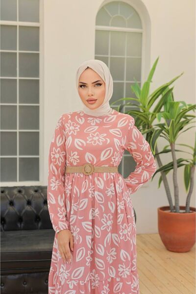 KMKkombin New Season - Dove Belted Mixed Patterned Women's Dress