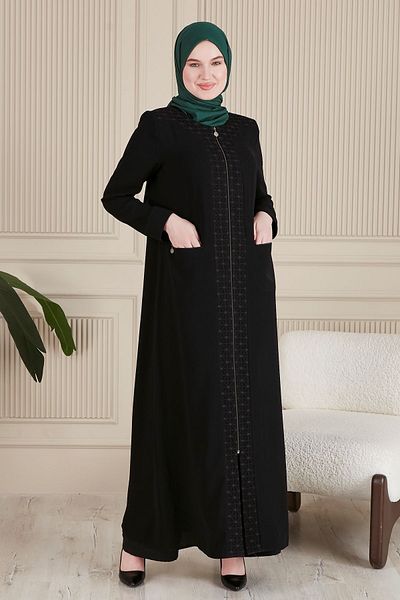 JALİA Maypoul Fabric - Laminated Lace, Zipper Edge and Shoulder Detail Battal Ferace-6020