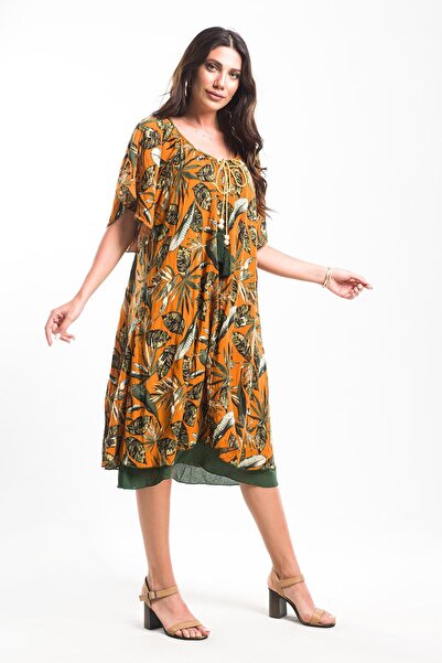 Sosyete Kaplumbağa فستان خردل من القطن الفوال الأصلي بنمط أوراق الاستوائية