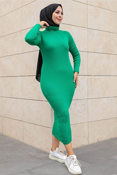 Bestenur Mira Turtleneck Badi Hijab Knitwear Φόρεμα 326 - Πράσινο