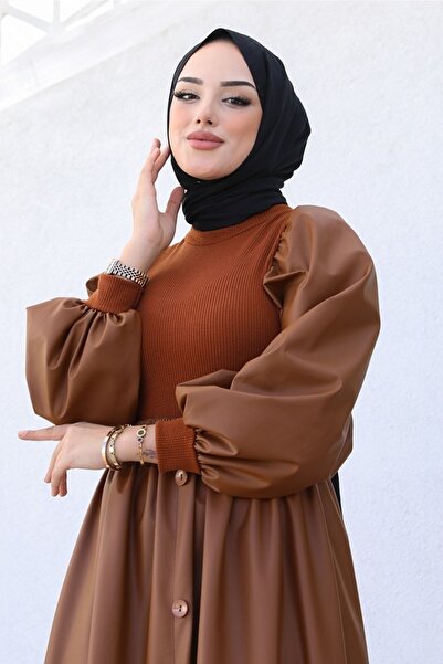 Bestenur Binay Elastic Waist Button Detail Δερμάτινο Hijab Φόρεμα 396 - Μαύρισμα