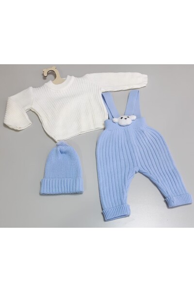Sönmez Baby AYICIKLI TRİKO SALOPET BLUZ VE ŞAPKALI ÜÇ PARÇA BEBE TAKIM