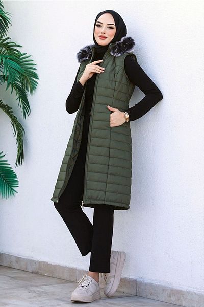 Bestenur Senay Double Pocket Hooded Hijab Puffer Vest 341 - Green