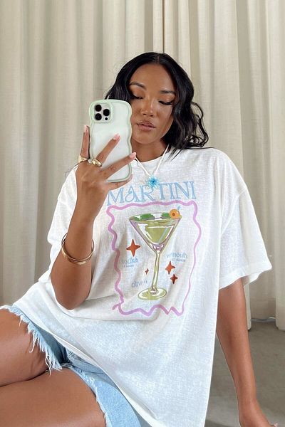 EFBUTİK Unisex White Martini Green Cocktail T-Shirt