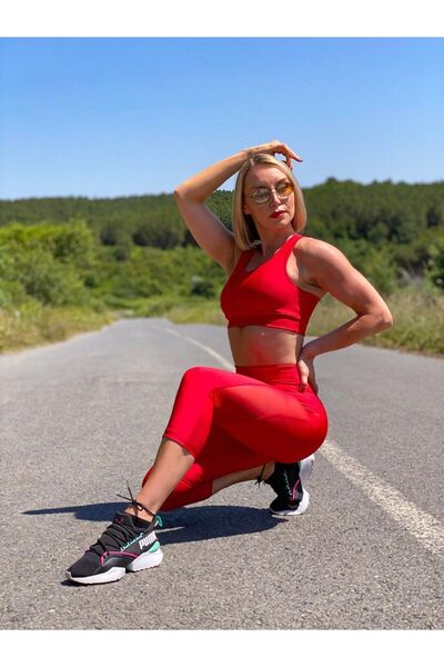 lismina Kırmızı Tül Detaylı Ekstra Yüksek Bel Toparlayıcı Spor Kapri Tayt