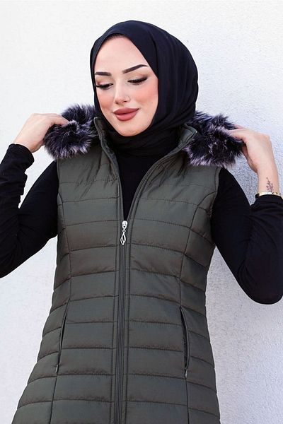 Bestenur Senay Double Pocket Hooded Hijab Puffer Vest 341 - Green